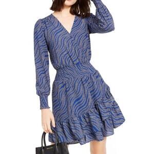 Michael Kors Blue Wavy Chain Faux Wrap Women's Ruffle M Dress Retails $155